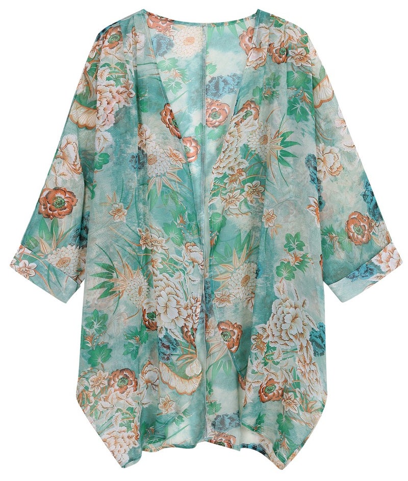 OLRAIN Women's Floral Print Sheer Loose Kimono Cardigan Capes (Medium, Orange Floral) - Image 1